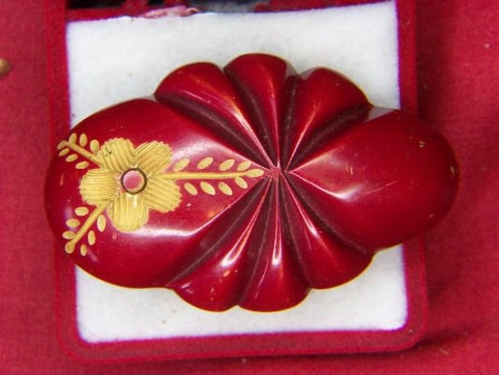 Ladies Bakelite Vintage Red Floral Scarf Broch