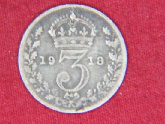 1918 English Silver 3 Pence World War 1 Era