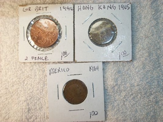 1964 Cinco Cent Mexico, 1996 British 2 Pence, 1965 Hong Kong