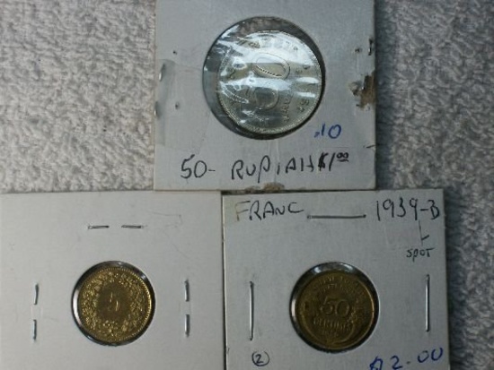 1939 B France 50 Centimes, 1984 Swiss 5 Rappens, 1971 50 Rupie Ludon
