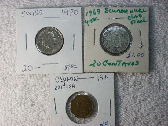 1969 Ecuador 20 Centavos, 1970 Swiss 20 R, 1944 Ceylon 2 Cents