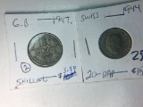 1947 British 1 Shilling, 1944 Swiss 20 Rappen