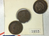 1904, 1907 Indian Head Cents & 1953 Wheat Cent
