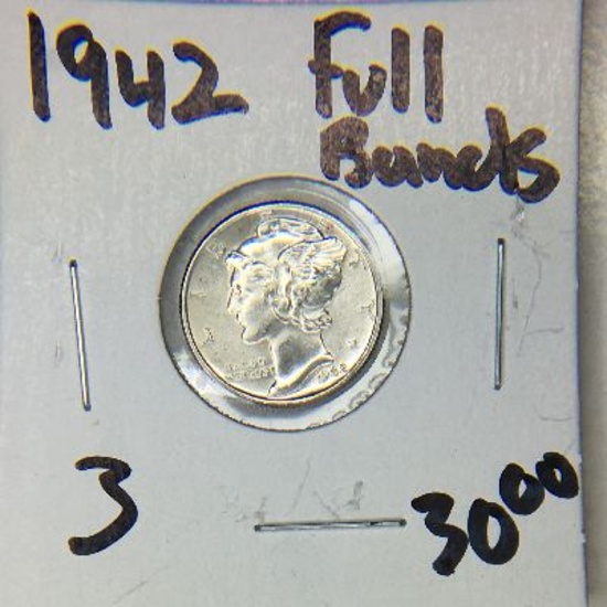 1942 UNCIRCULATED MERCURY DIME WITH FULL BANDS