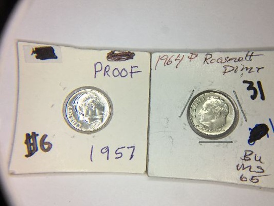 PROOF 1957 ROOSEVELT SILVER DIME AND GEM UNCIRCULATED 1964-D ROOSEVELT DIME