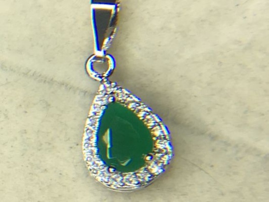 .925 Ladies 1 1/4 Carat Pear Shape Emerald Pendant