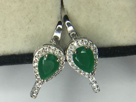 .925 Ladies 3 Carat Pear Shape Emerald Earrings