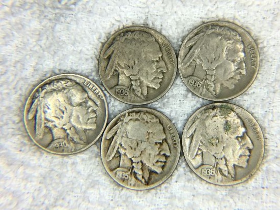 (5) Buffalo Nickels 1930, 1935, (3) 1936