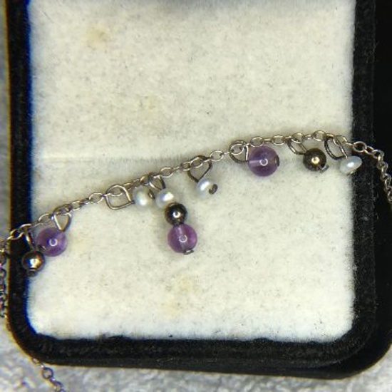 .925 Ladies Sterling Silver Estate Pearl Gemstone Necklace
