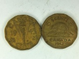 1942, 1943 Canadian Tombacs 5 Cent