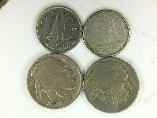 1960 & 1976 Canadian 10 Cent, 1936 & ? Buffalo Nickels