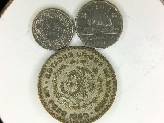 1959 Un Peso Mexico, 1974 1/2 Franc & 1961 Canadian 5 Cent