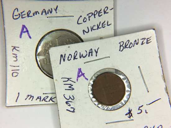 1956 D German 1 Mark, 1948 1 Ore Norway Bronze