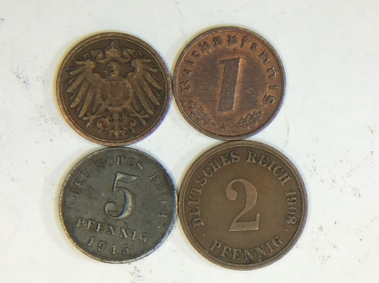 1904, 1939, One Pfennig, 1915 5 Pfennig, 1902 2 Pfennig