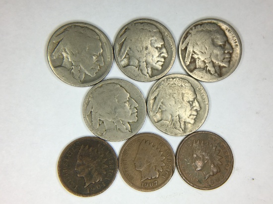 (3) Indian Head Cent, (5) Buffalo Nickels