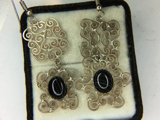 .925 Sterling Silver Ladies Malachite Filigree Earrings