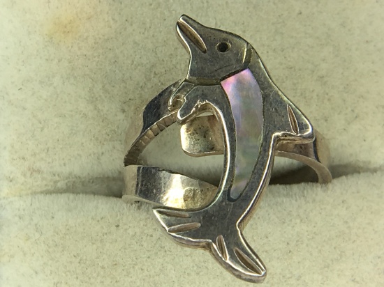 .925 Sterling Silver Unisex Dolphin Ring Inlaid Abalone
