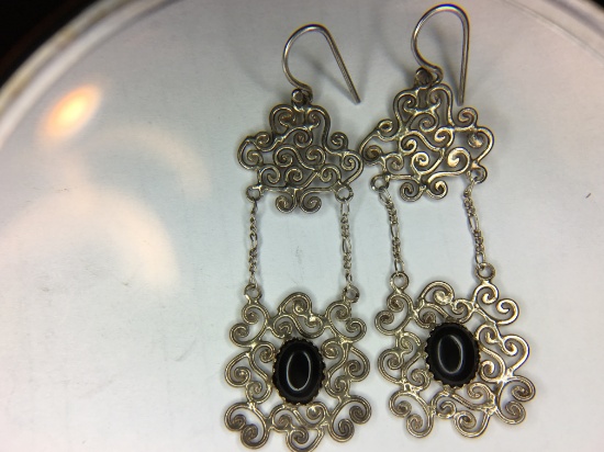 .925 Sterling Silver Ladies Black Onyx Filigree Earrings