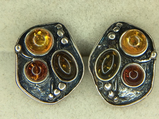 .925 Sterling Silver Ladies Multicolor Amber Earrings