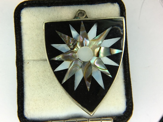 .925 Sterling Silver Unisex Black Onyx, Mother Of Pearl Pendant