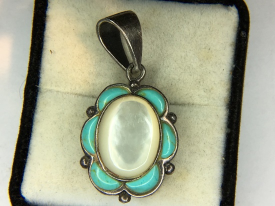 .925 Sterling Silver Ladies Large Turquoise, Mother-of-pearl Pendant