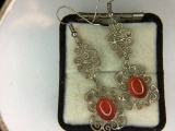 .925 Sterling Silver Ladies Carnellion Filigree Earrings