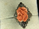 .925 Sterling Silver Ladies Vintage Red Coral Marcasite Ring