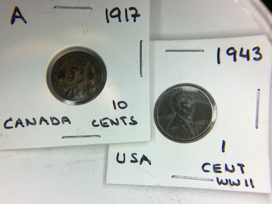 1917 Canada Silver 10 Cent, 1943 U.S. 1 Cent Steel Cent
