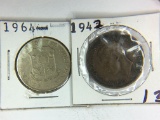 1942 British 1/2 Penny, 1964 Filipinas 25 Centavos