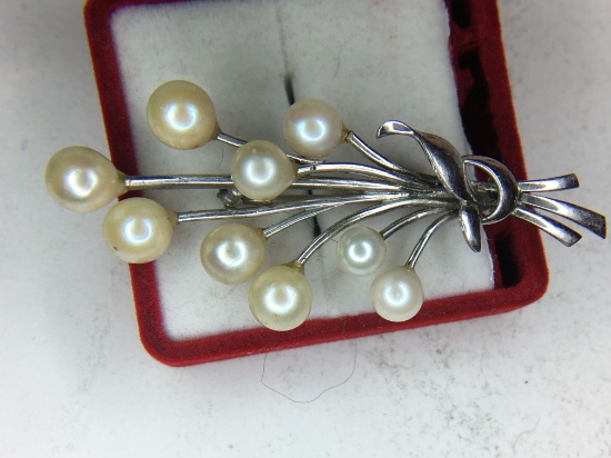 .925 Sterling Silver Vintage 4 Mm Pearl Brooch