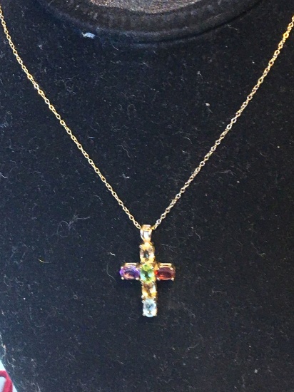 .925 Sterling Silver Ladies 14 Karat Multicolored Cross On Chain