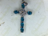 .925 Sterling Silver Unisex Blue Topaz Crucifix 1 1/2 Inch