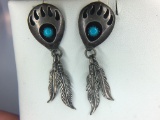 .925 Sterling Silver Ladies Native American Bear Claw Feather Earrings