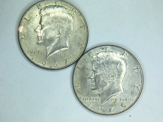 (2) Kennedy Silver Half Dollars 1967, 1969 D