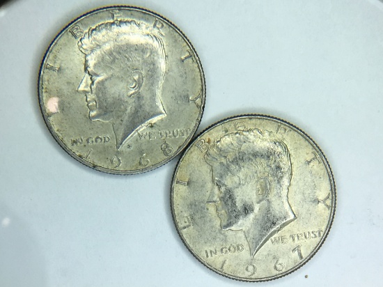 (2) Kennedy Silver Half Dollars 1967, 1968 D