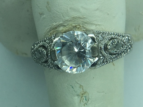 .925 Sterling Silver Ladies 2 Carat Filigree Ring