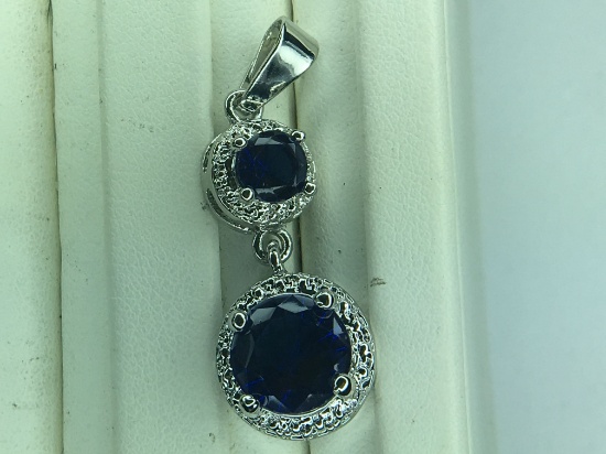 .925 Sterling Silver Ladies 2 1/2 Carat Chatam Sapphire Pendant