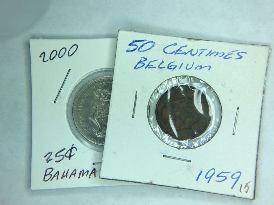 1959 Belgium 50 Centimes, 2000 Bahamas 25 Cent