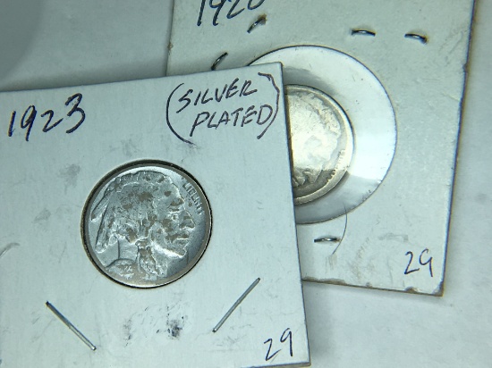 (2) Buffalo Nickels, 1920 (weak Date) 1923 Silver Plated