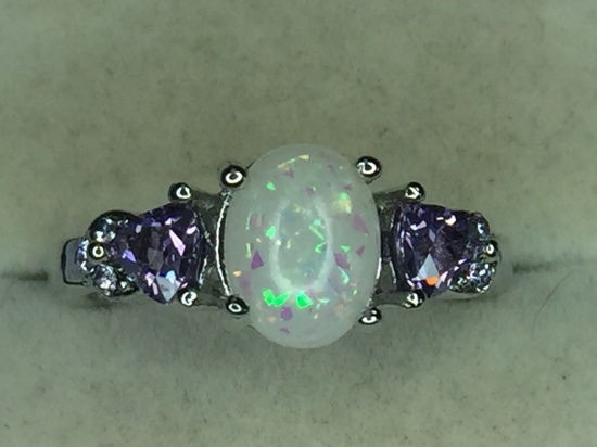 .925 Sterling Silver Ladies 1 1/2 Carat Opal Amethyst Ring