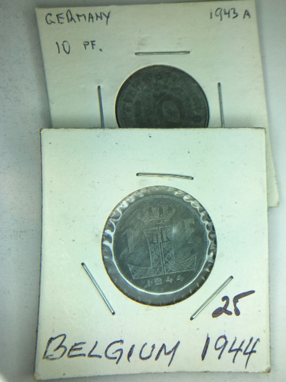 1944 Belgium 1 Franc, 1943 German Swastica Pfennig