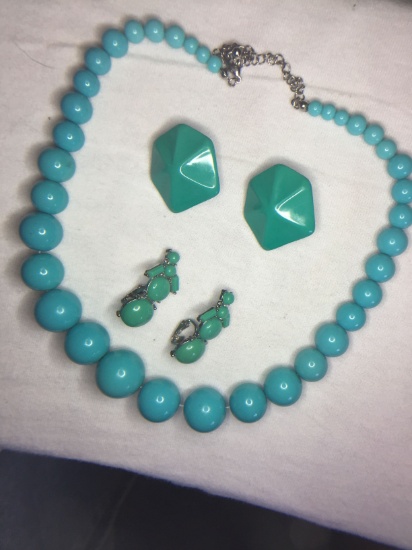 Blue Necklace & 2 Pair Of Earrings