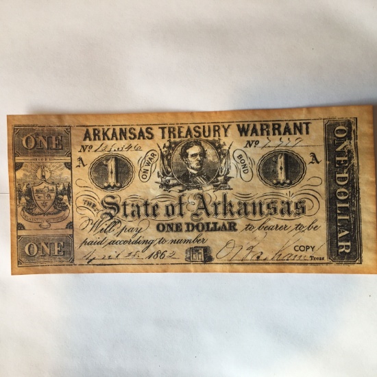 1 Dollar The State Of Arkansas Treasury Warrant
