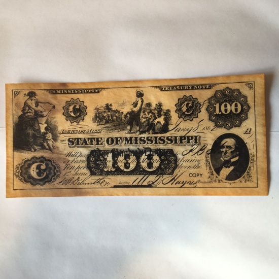 100 Dollar State Of Mississippi Treasury Note