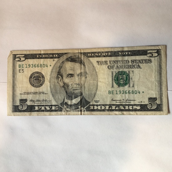 $5.00 Star Note Federal Reserve
