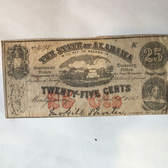 25 Cent State Of Alabama Confederate Note