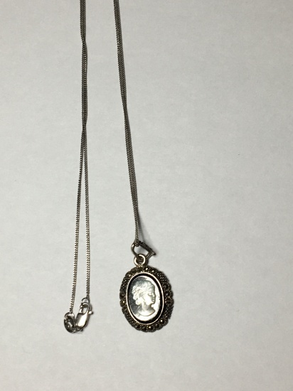 Antique Sterling Silver .925 Designer Cameo Mother Of Pearl And Diamond Chips Fas Stamp $299 Retail
