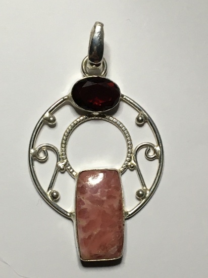 .925 2 1/2 A A A Natural Rhodocrosite Gemstone ,with Garnet Accent Pendant 