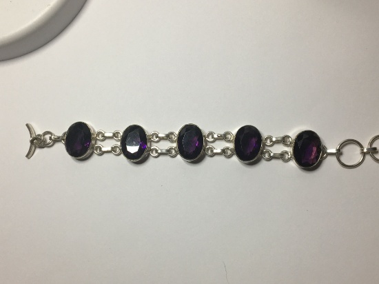 .925 7" Gorgeous Faceted Amethyst Link Bracelet Toggle Clasp;  "see Set" 