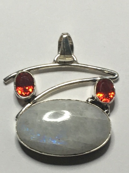 .925 1 1/2 X 1 1/2'' Awesome Moonstone With Garnet Accent Pendant 